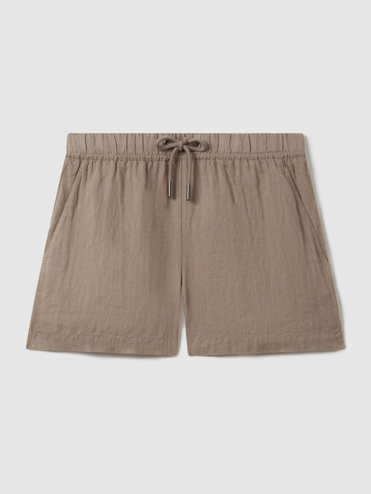 Reiss Mink Neutral Cleo Linen Garment Dyed Drawstring Shorts - Image 2 of 6