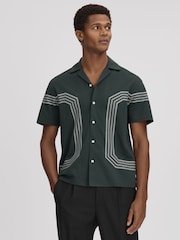 Reiss Emerald Arlington Mercerised Cotton Embroidered Cuban Collar Shirt - Image 1 of 6