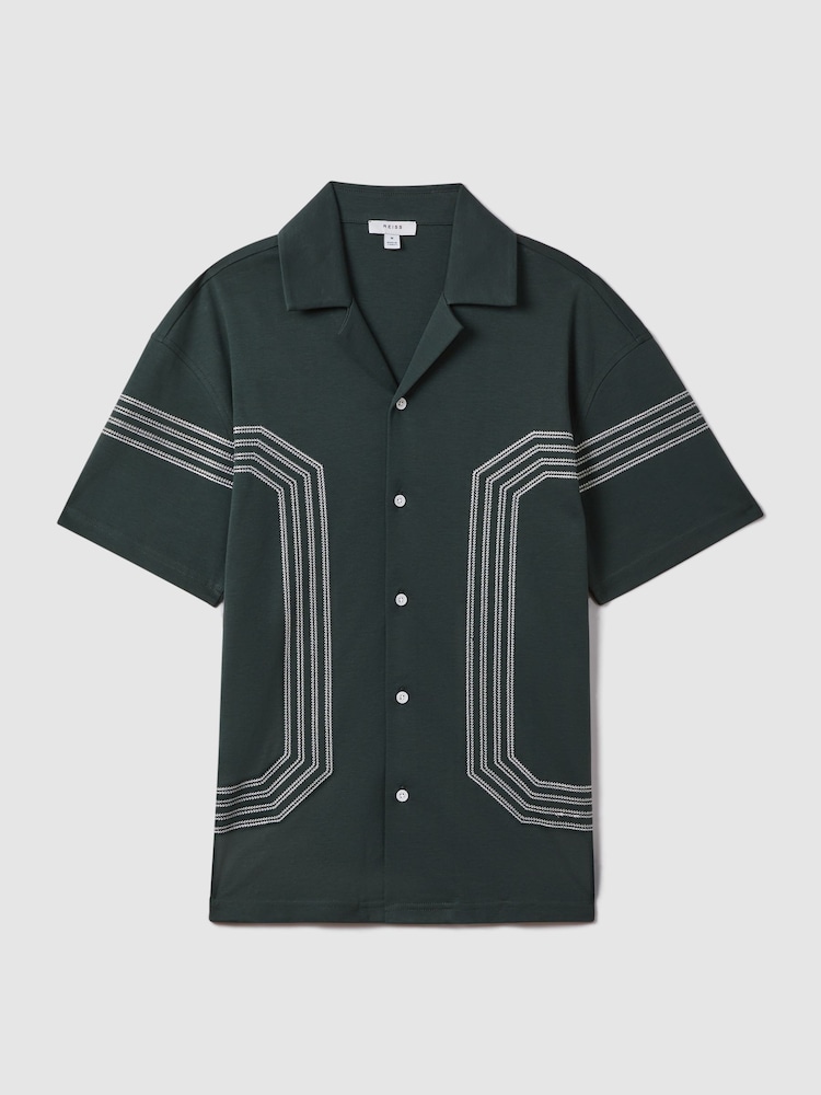 Reiss Emerald Arlington Mercerised Cotton Embroidered Cuban Collar Shirt - Image 2 of 6