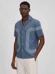 Reiss Airforce Blue Arlington Mercerised Cotton Embroidered Cuban Collar Shirt - Image 1 of 6