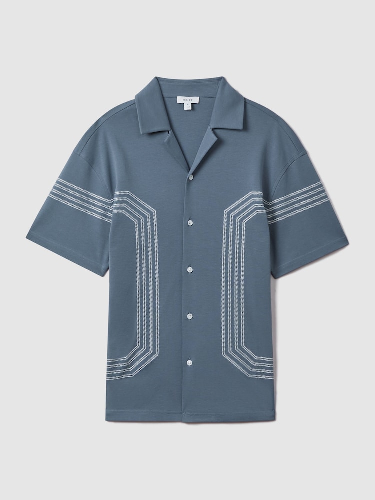 Reiss Airforce Blue Arlington Mercerised Cotton Embroidered Cuban Collar Shirt - Image 2 of 6