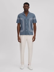 Reiss Airforce Blue Arlington Mercerised Cotton Embroidered Cuban Collar Shirt - Image 3 of 6