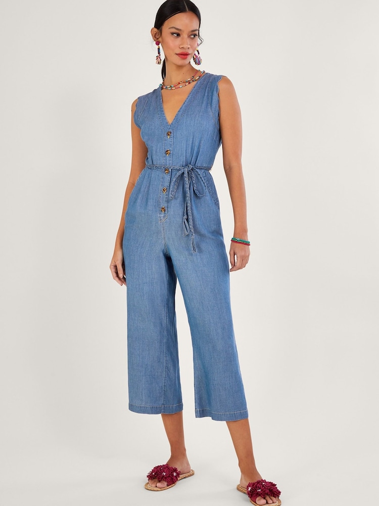 Monsoon Blue Tie Belt Denim Jumpsuit - Image 1 of 4 Monsoon Blue Tie Belt Denim Jumpsuit - Image 1 of 4