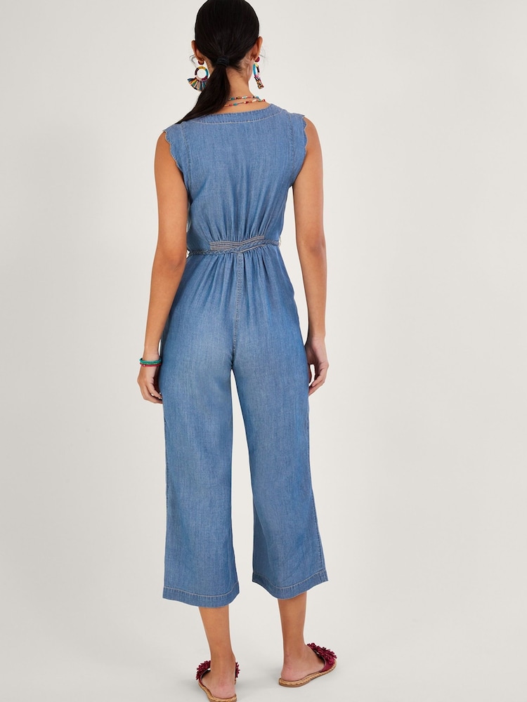 Monsoon Blue Tie Belt Denim Jumpsuit - Image 2 of 4 Monsoon Blue Tie Belt Denim Jumpsuit - Image 2 of 4