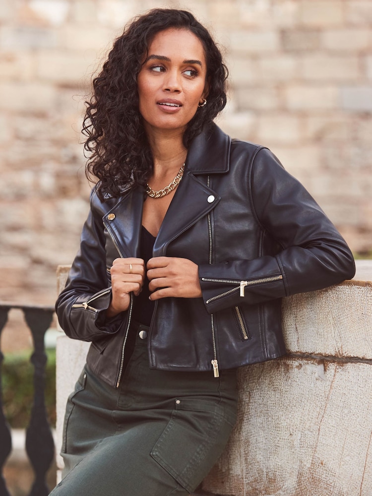 Sosandar Black Pocket Detail Utility Leather Biker Jacket - Image 1 of 5 Sosandar Black Pocket Detail Utility Leather Biker Jacket - Image 1 of 5
