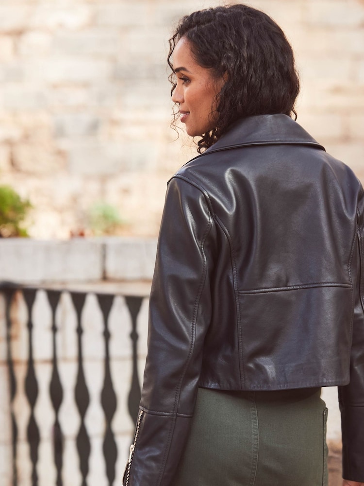 Sosandar Black Pocket Detail Utility Leather Biker Jacket - Image 2 of 5 Sosandar Black Pocket Detail Utility Leather Biker Jacket - Image 2 of 5