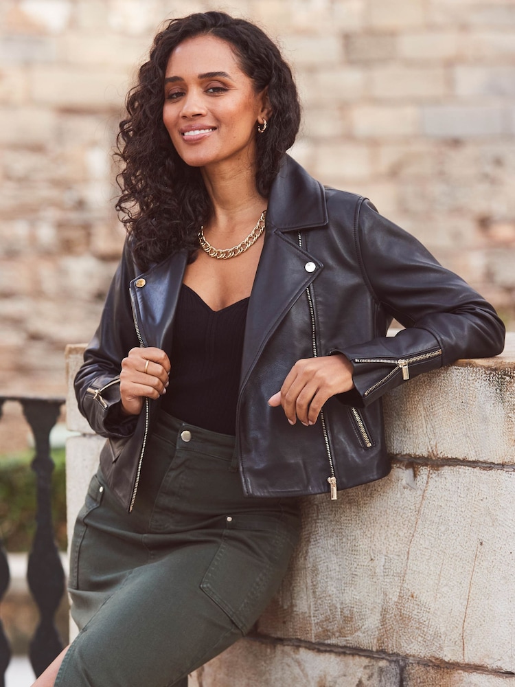 Sosandar Black Pocket Detail Utility Leather Biker Jacket - Image 5 of 5 Sosandar Black Pocket Detail Utility Leather Biker Jacket - Image 5 of 5