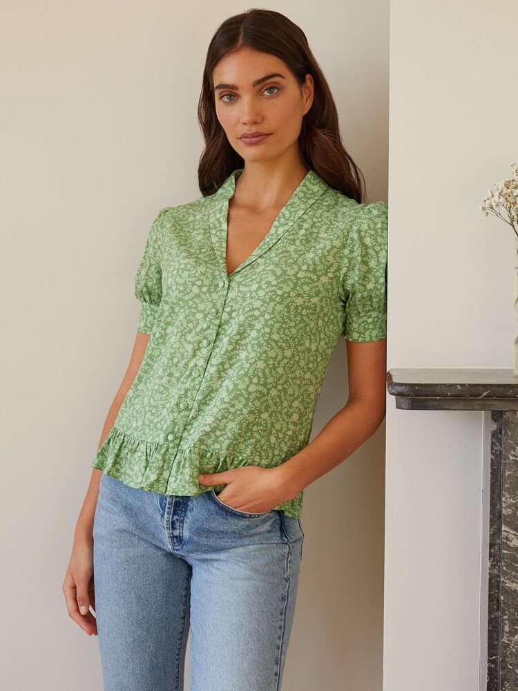 Albaray Green Willow Floral Frill Hem Blouse - Image 1 of 1 Albaray Green Willow Floral Frill Hem Blouse - Image 1 of 1