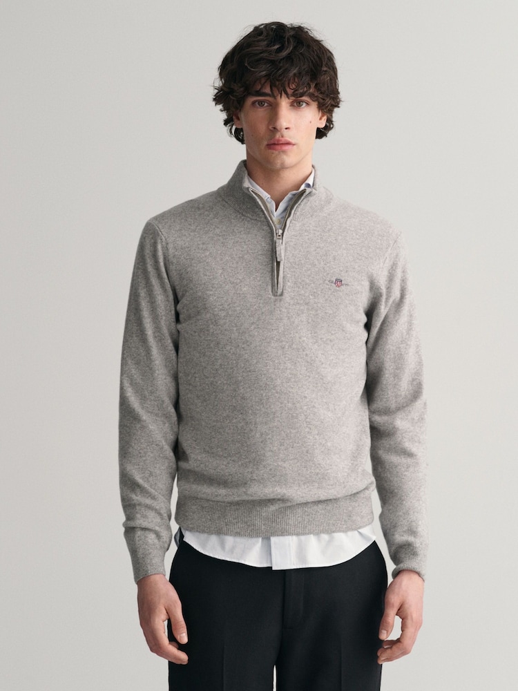 GANT Grey Melange Superfine Lambswool Quarter Zip Jumper - Image 1 of 5