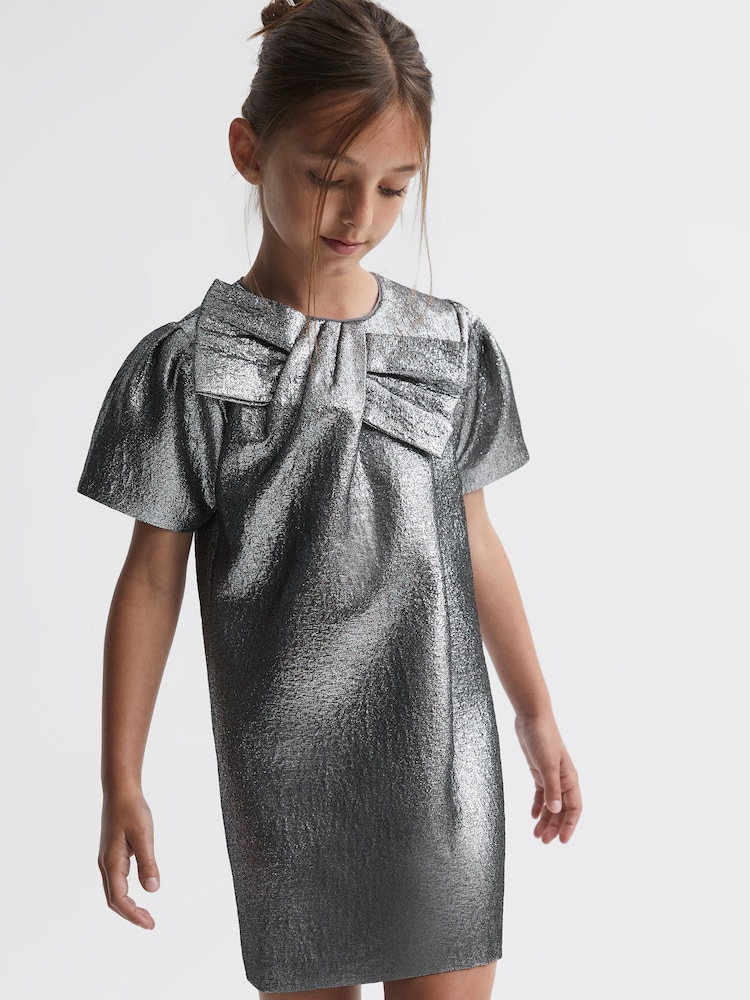 Reiss Silver Franny Metallic Bow Dress - Image 1 of 6 Reiss Silver Franny Metallic Bow Dress - Image 1 of 6