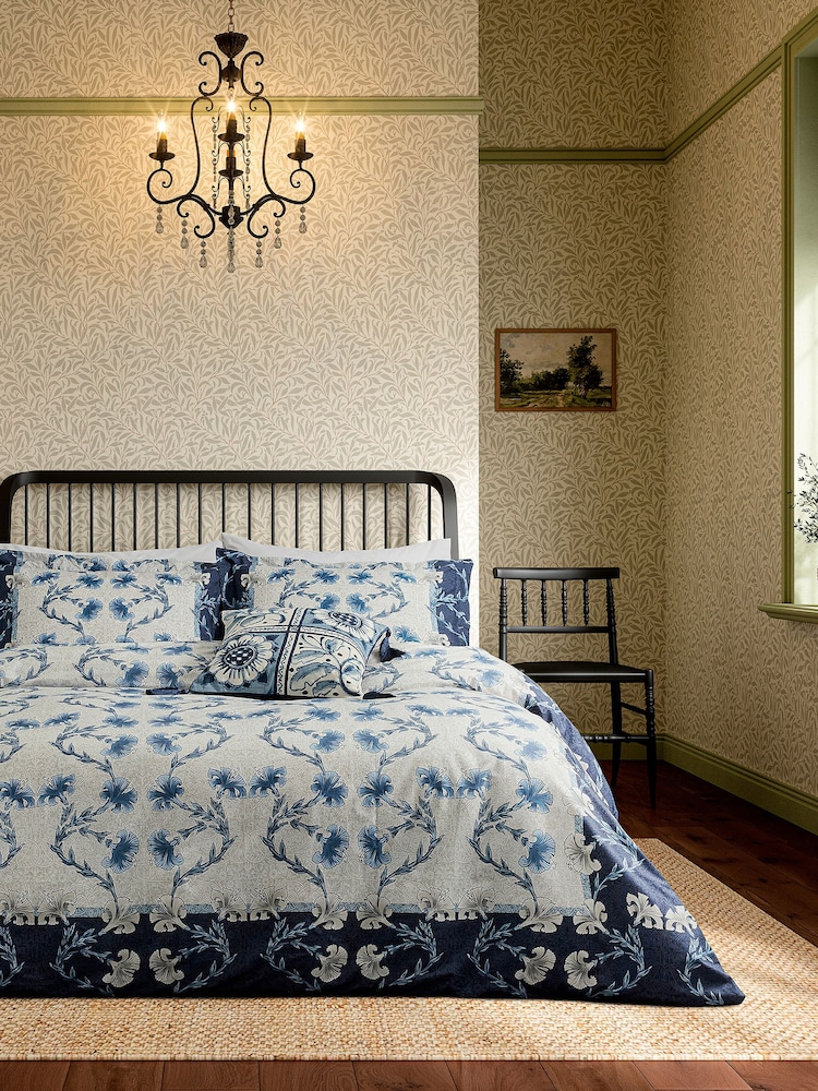 V&A Indigo Blue Scrolling Carnation 100% Cotton Duvet Cover and Pillowcase Set - Image 1 of 4