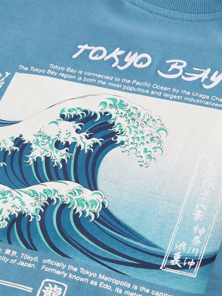 Teal Blue Wave Backprint Relaxed Fit Short Sleeve Graphic T-Shirt (3-16yrs) - Image 3 of 3
