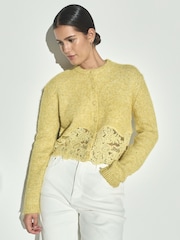 Yellow Lace Trim Long Sleeve Knit Cardigan - Image 1 of 7