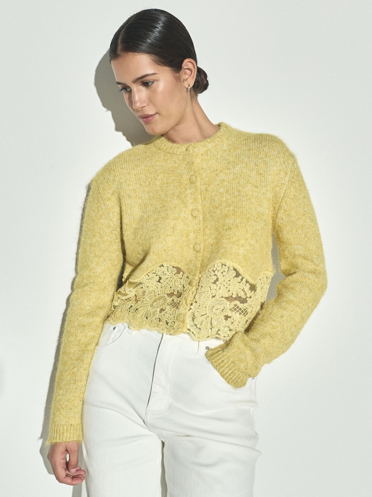 Yellow Lace Trim Long Sleeve Knit Cardigan - Image 1 of 7 Yellow Lace Trim Long Sleeve Knit Cardigan - Image 1 of 7