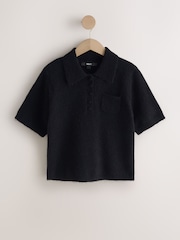 Black Short Sleeve Knitted Polo Top With Wool - Image 1 of 3