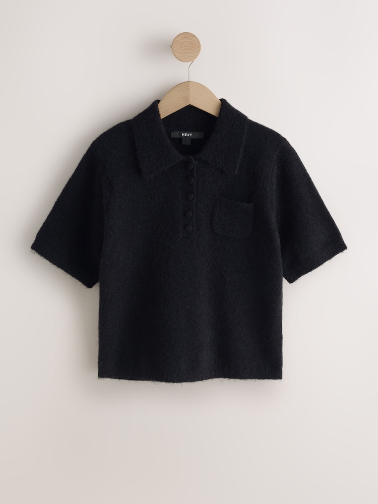 Black Short Sleeve Knitted Polo Top With Wool - Image 1 of 3 Black Short Sleeve Knitted Polo Top With Wool - Image 1 of 3