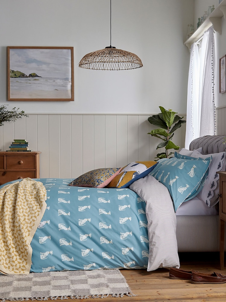 Joules Blue Blockprint 100% Cotton Dogs Duvet Cover and Pillowcase Set - Image 1 of 5