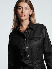 Black Coated Denim Mini Belted Shirt Dress - Image 4 of 7