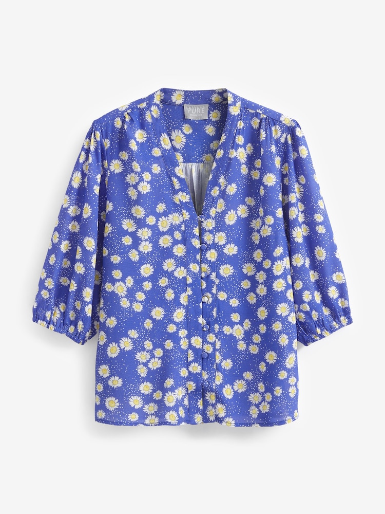 Pure Collection Blue Printed 3/4 Sleeve V-Neck Blouse - Image 1 of 1 Pure Collection Blue Printed 3/4 Sleeve V-Neck Blouse - Image 1 of 1