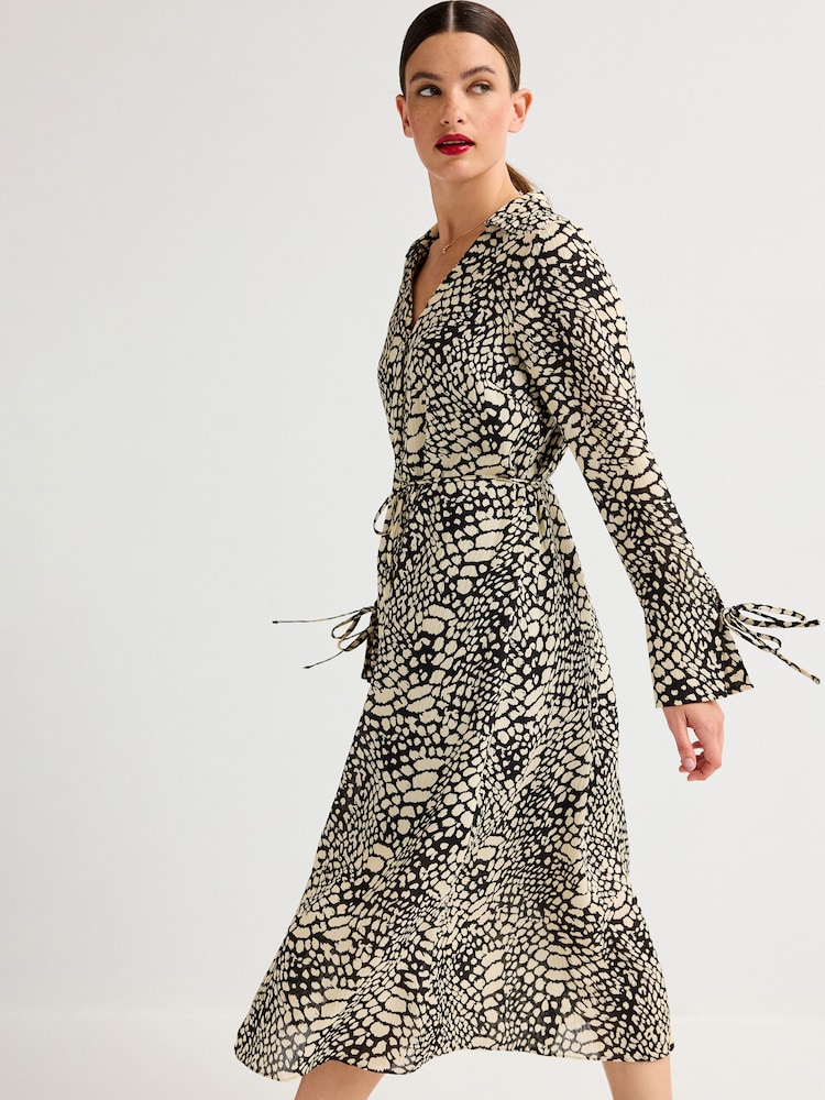 Monochrome Abstract Print Tie Sleeve Belted Midi Dress - Image 1 of 6 Monochrome Abstract Print Tie Sleeve Belted Midi Dress - Image 1 of 6