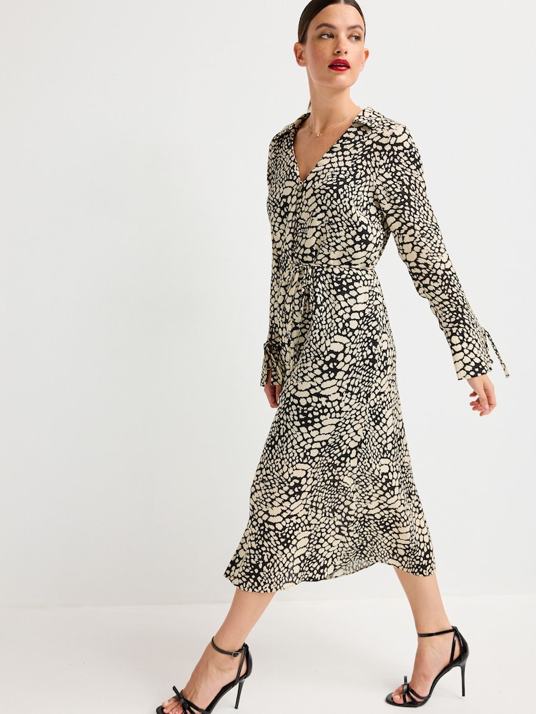 Monochrome Abstract Print Tie Sleeve Belted Midi Dress - Image 2 of 6 Monochrome Abstract Print Tie Sleeve Belted Midi Dress - Image 2 of 6