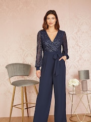 Yumi Blue Sequin Jumpsuit With Long Sleeves - Image 1 of 5