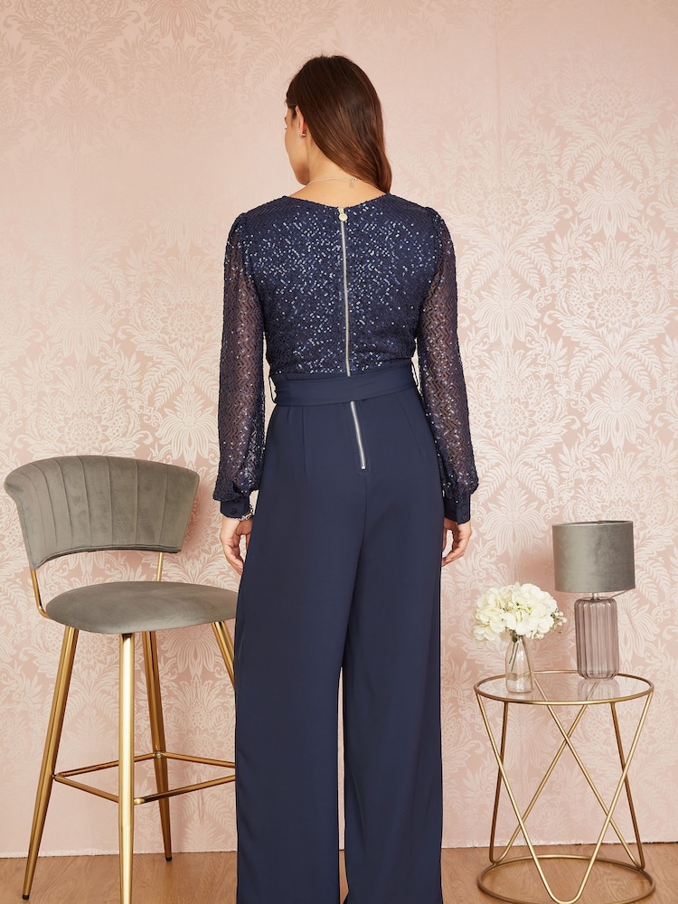 Yumi Blue Sequin Jumpsuit With Long Sleeves - Image 2 of 5