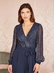 Yumi Blue Sequin Jumpsuit With Long Sleeves - Image 4 of 5