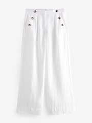 White 100% Linen Button Wide Leg Trousers - Image 5 of 6
