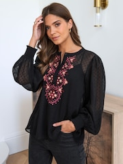 Pour Moi Black Embroidered Natasha Dobby Chiffon Long Sleeve Top - Image 1 of 4