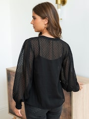 Pour Moi Black Embroidered Natasha Dobby Chiffon Long Sleeve Top - Image 2 of 4