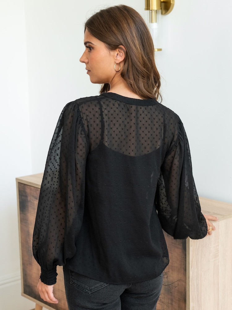 Pour Moi Black Embroidered Natasha Dobby Chiffon Long Sleeve Top - Image 2 of 4 Pour Moi Black Embroidered Natasha Dobby Chiffon Long Sleeve Top - Image 2 of 4