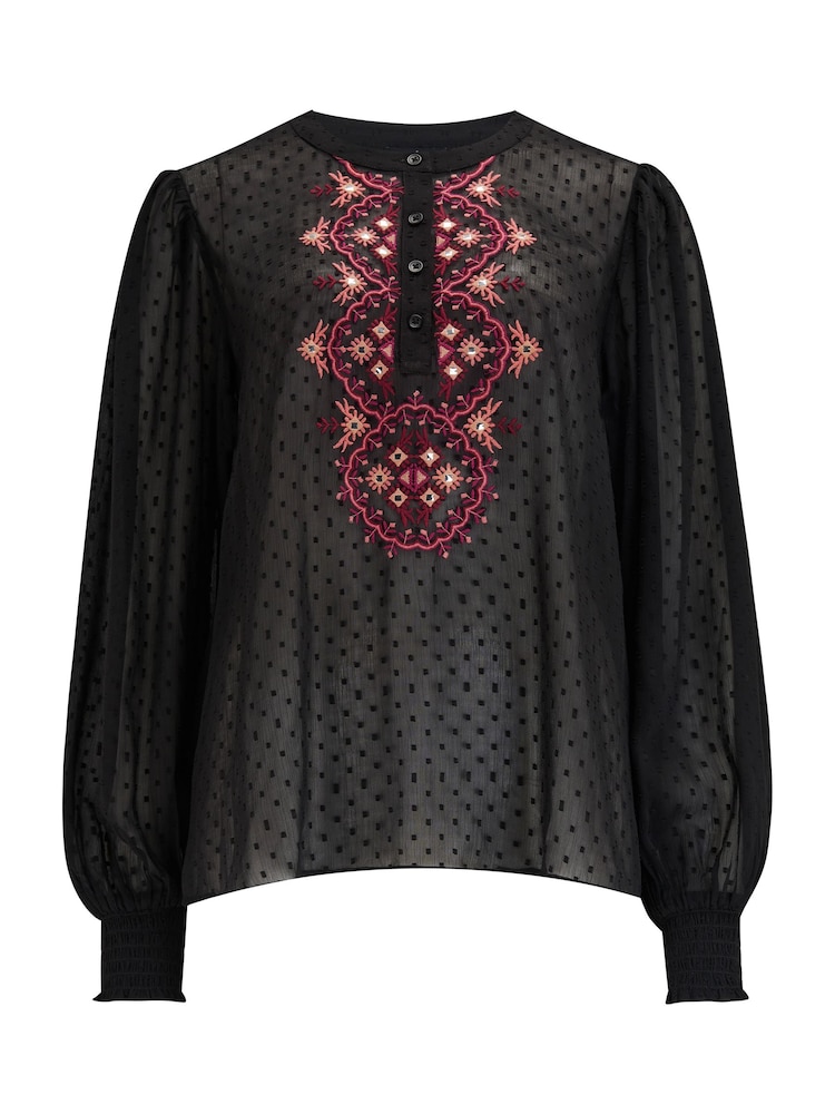 Pour Moi Black Embroidered Natasha Dobby Chiffon Long Sleeve Top - Image 3 of 4