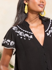 Love & Roses Black Embroidered Petite Embroidered Short Sleeve Tie Detail Shell Top - Image 2 of 4