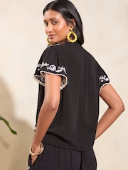 Love & Roses Black Embroidered Petite Embroidered Short Sleeve Tie Detail Shell Top - Image 3 of 4