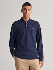 GANT Evening Blue Regular Fit 100% Cotton Shield Long Sleeve Polo Shirt - Image 1 of 4