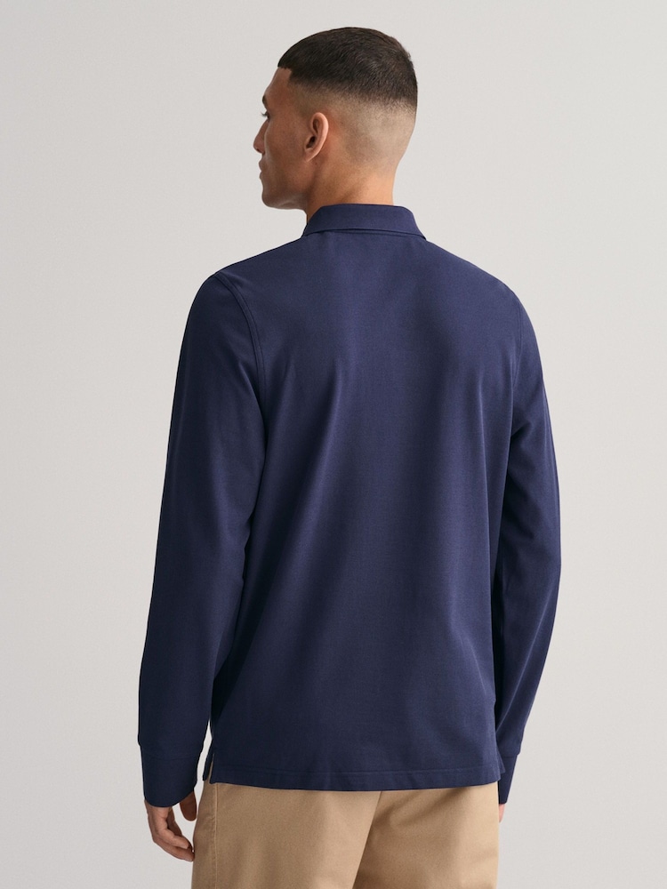 GANT Evening Blue Regular Fit 100% Cotton Shield Long Sleeve Polo Shirt - Image 2 of 4