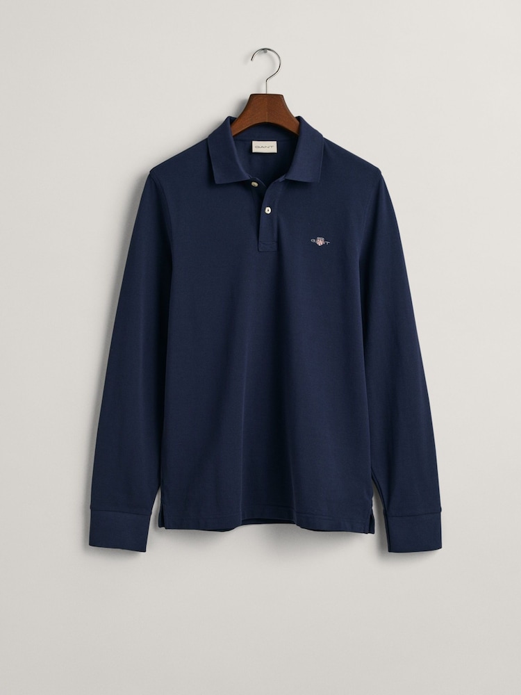 GANT Evening Blue Regular Fit 100% Cotton Shield Long Sleeve Polo Shirt - Image 4 of 4