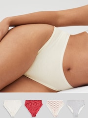 Cream/Grey/Red High Rise High Leg Cotton and Lace Knickers 4 Pack - Image 1 of 9