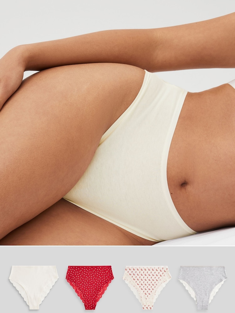 Cream/Grey/Red High Rise High Leg Cotton and Lace Knickers 4 Pack - Image 1 of 9