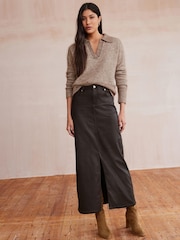Chocolate Brown Coated Denim Maxi Skirt - Image 1 of 7
