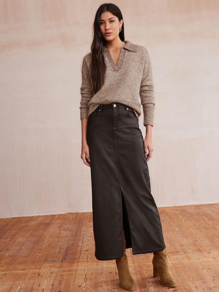 Chocolate Brown Coated Denim Maxi Skirt - Image 1 of 7