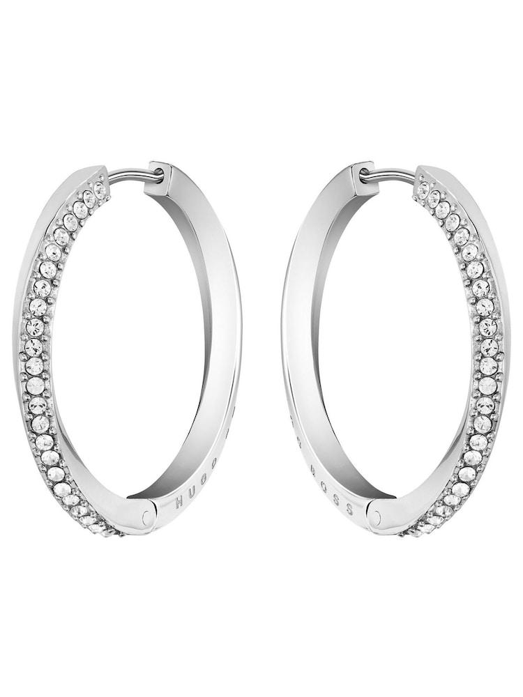 BOSS Silver Signature Stainless Steel Hoop Earrings - Image 2 of 3