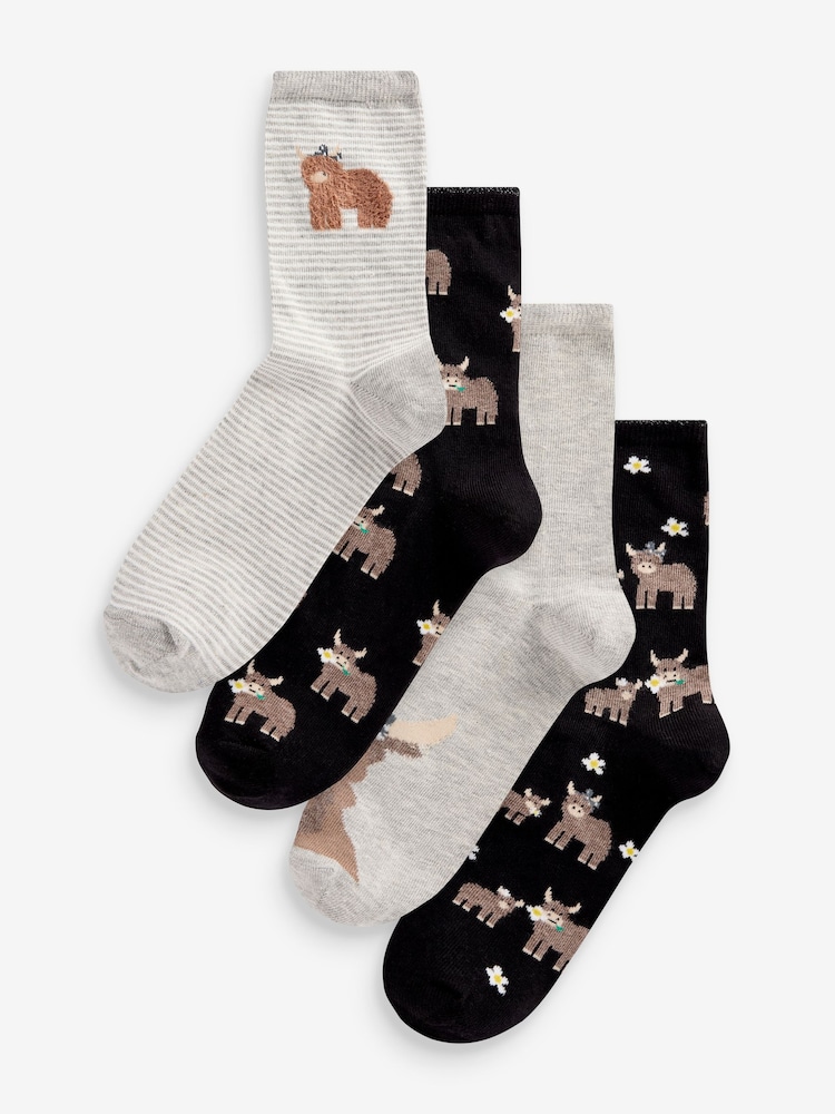 Black/Grey/White Hamish the Highland Cow Ankle Socks 4 Pack - Image 1 of 5 Black/Grey/White Hamish the Highland Cow Ankle Socks 4 Pack - Image 1 of 5