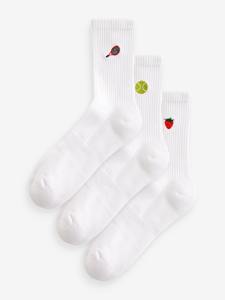 Tennis Embroidered Motif Cushion Sole Ribbed Sport Ankle Socks 3 Pack With Arch Support - Image 1 of 2