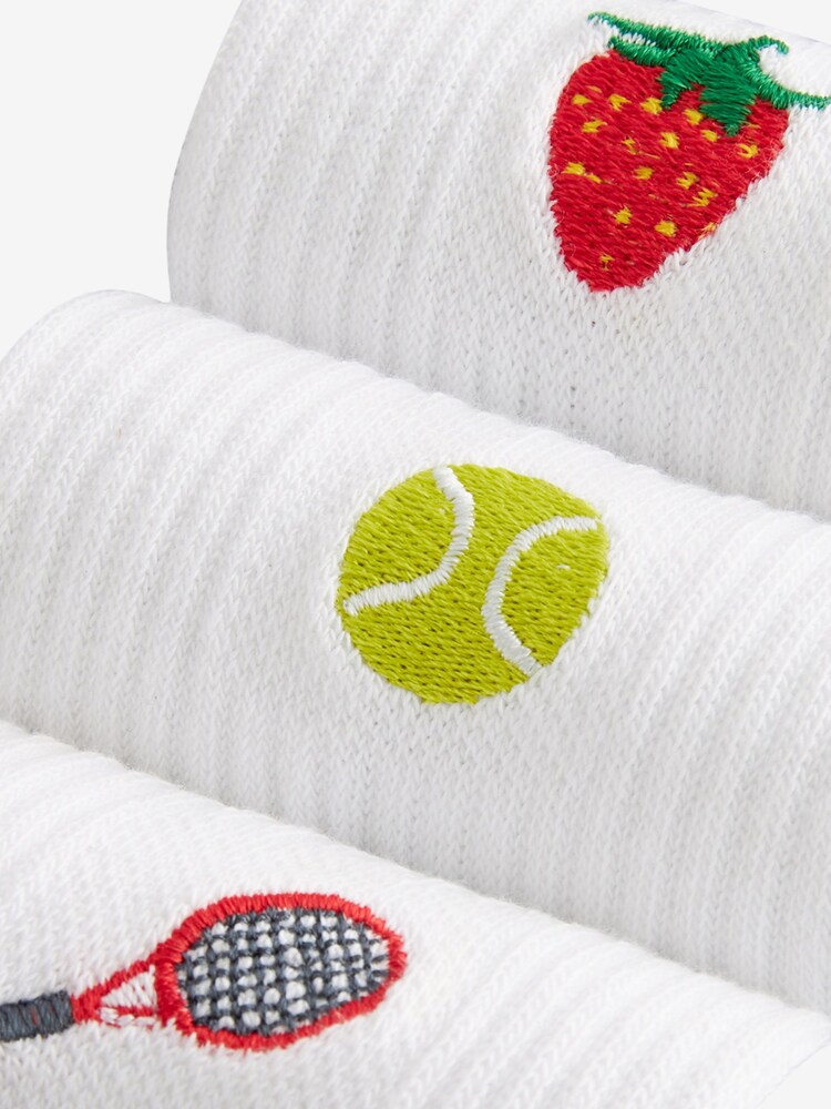 Tennis Embroidered Motif Cushion Sole Ribbed Sport Ankle Socks 3 Pack With Arch Support - Image 2 of 2