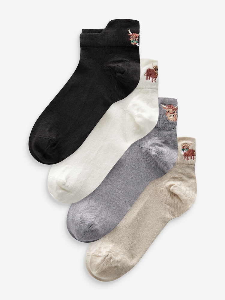 Neutral / Hamish the Highland Cow Embroidered Motif Trainers Socks 4 Pack - Image 1 of 6 Neutral / Hamish the Highland Cow Embroidered Motif Trainers Socks 4 Pack - Image 1 of 6