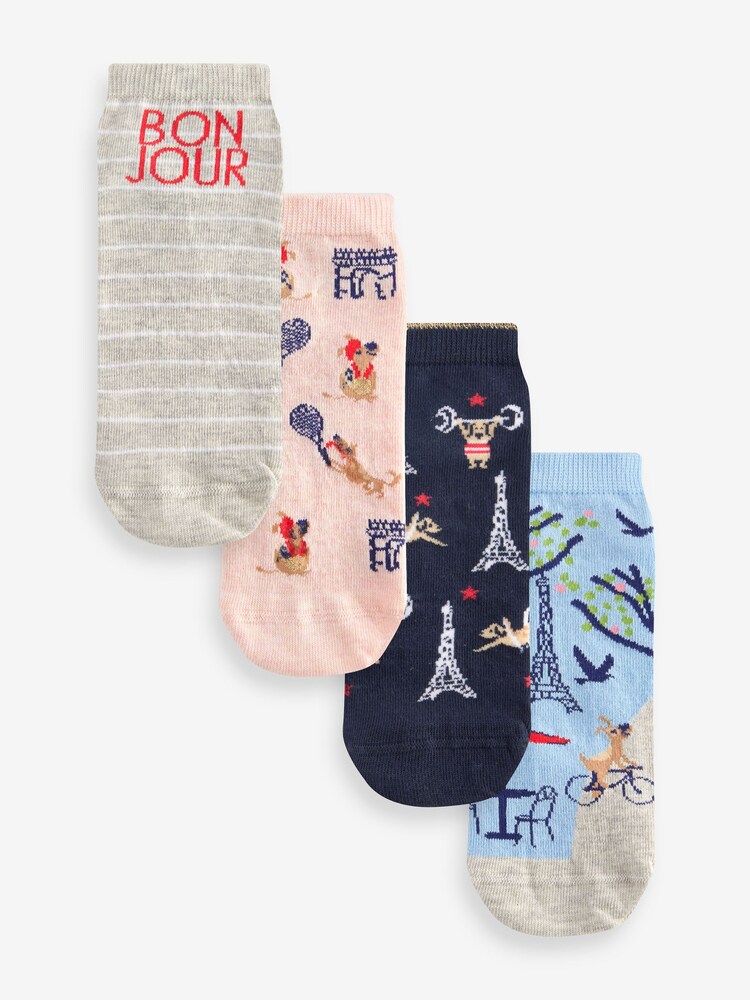 Pink/Grey/Blue Sports Dogs In Paris Trainer Socks 4 Pack - Image 1 of 5