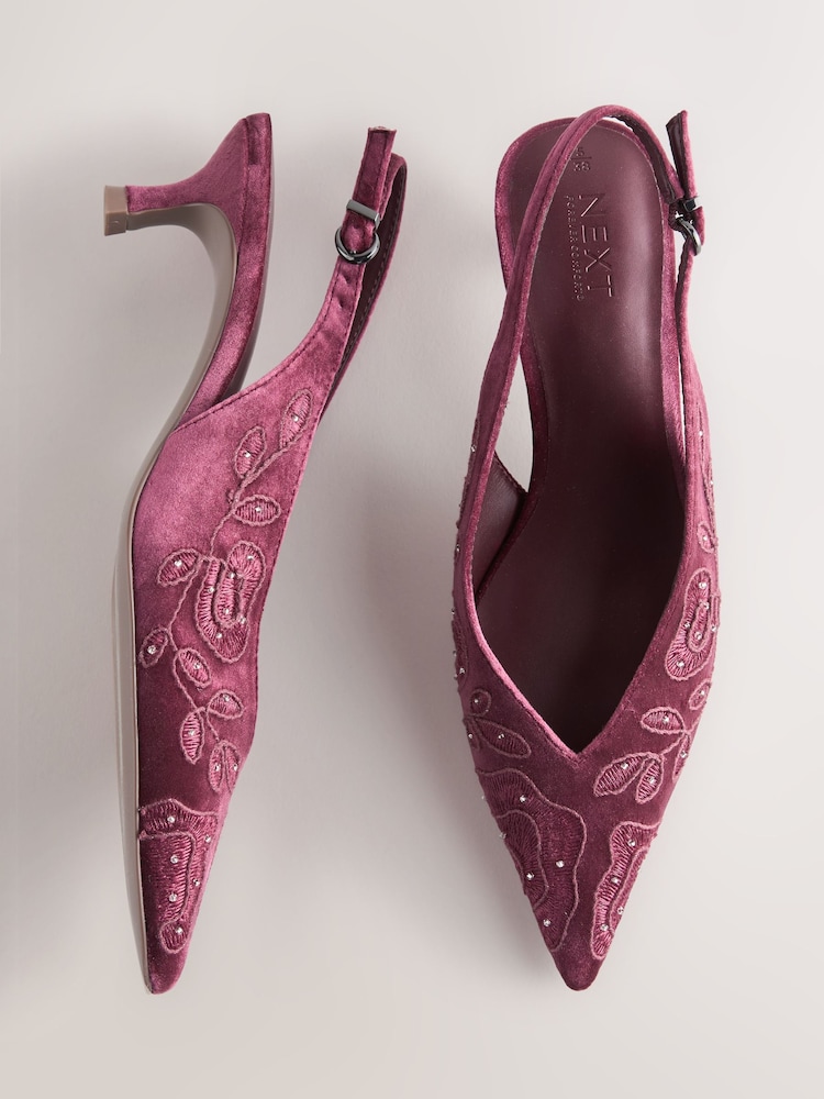 Mauve Purple Forever Comfort® Velvet Embroidered Slingback Heels - Image 1 of 10