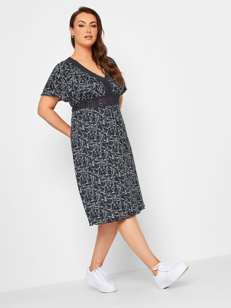 Yours Curve Blue V-Neck Lace Detail Dress - Image 1 of 4